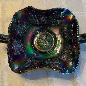 Butterflies by Fenton Green Carnival Handled Bon Bon Limited Edition Glass Dish